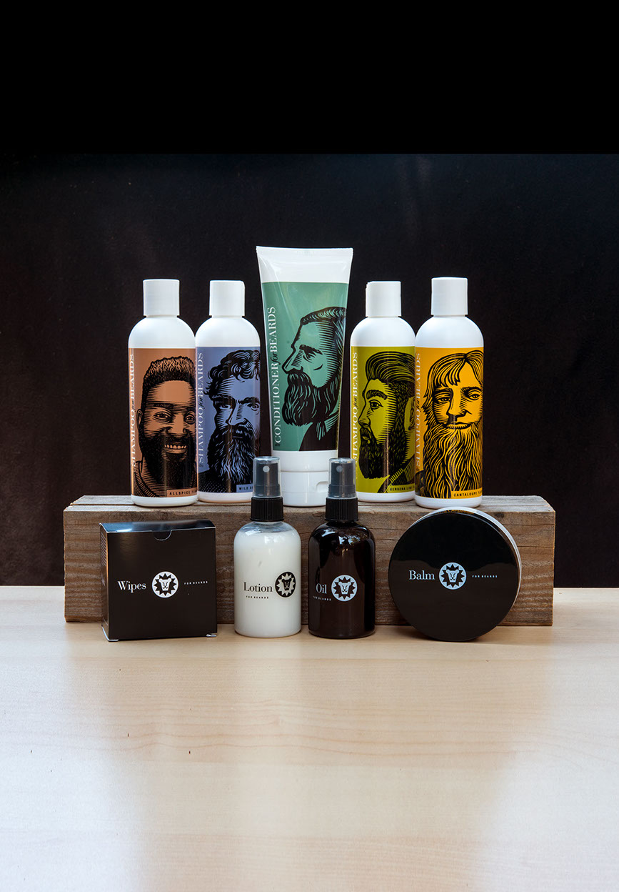 beardsley allspice shampoo, wild berry shampoo, beard conditioner, verbena lime shampoo, cantaloupe shampoo, beard wipes, lotion, oil, and balm