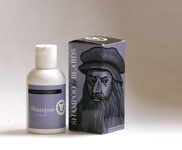 Beardsley Wild Berry flavor beard shampoo, featuring bearded notable Leonardo da Vinci, 4 ounce bottle