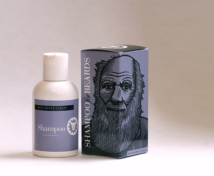Beardsley Wild Berry flavor beard shampoo, featuring bearded notable Charles Darwin, 4 ounce bottle