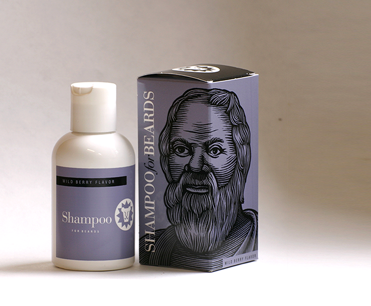 Beardsley Wild Berry flavor beard shampoo, featuring bearded notable Socrates, 4 ounce bottle